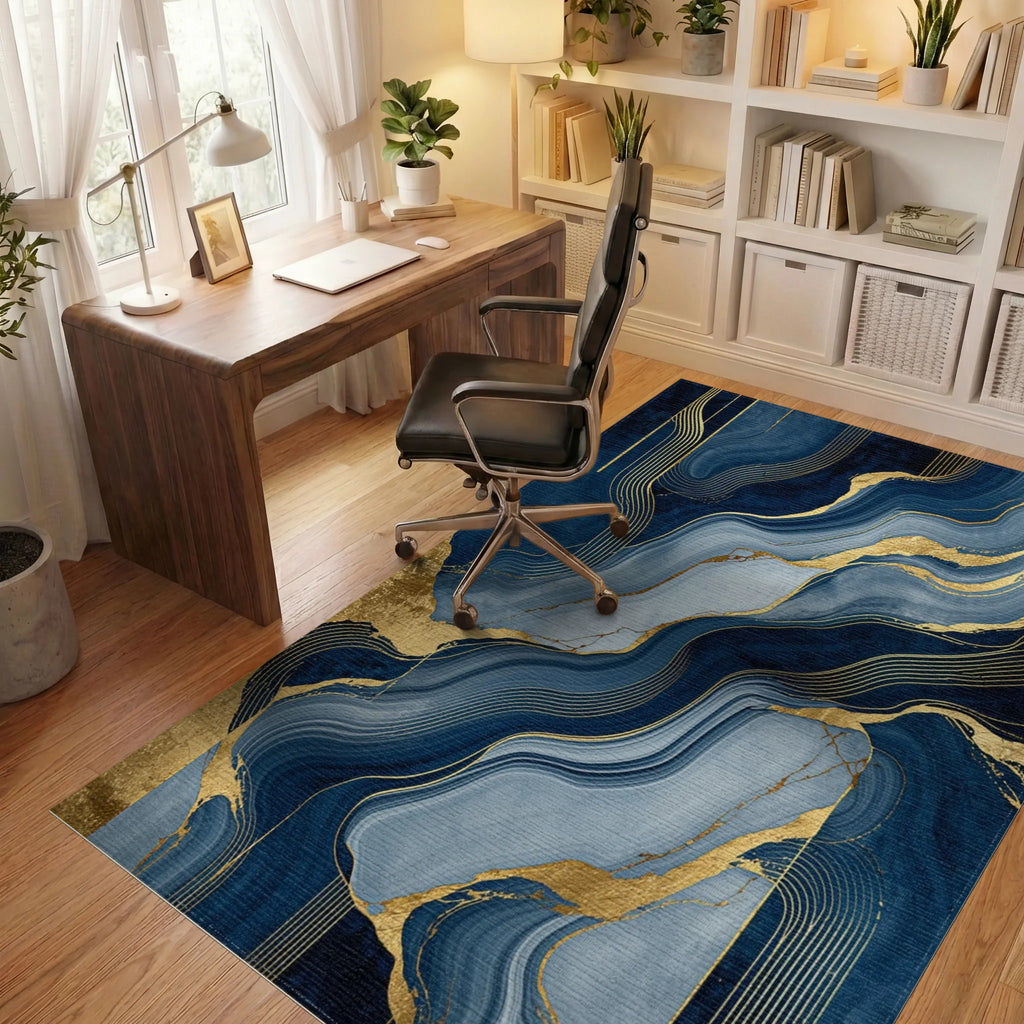Navy Gold Fluid Wave Rug Office View