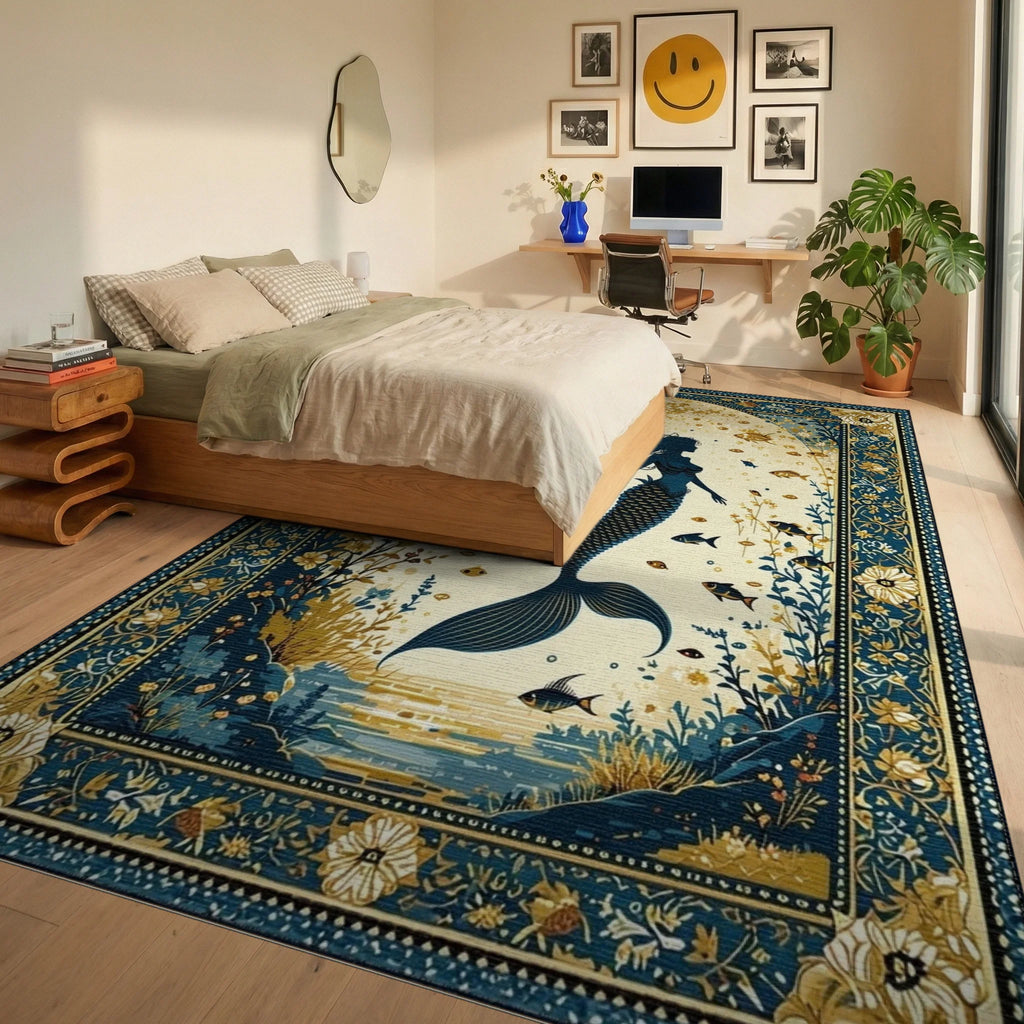 Navy Gold Ornate Mermaid Silhouette Rug - Bedroom View