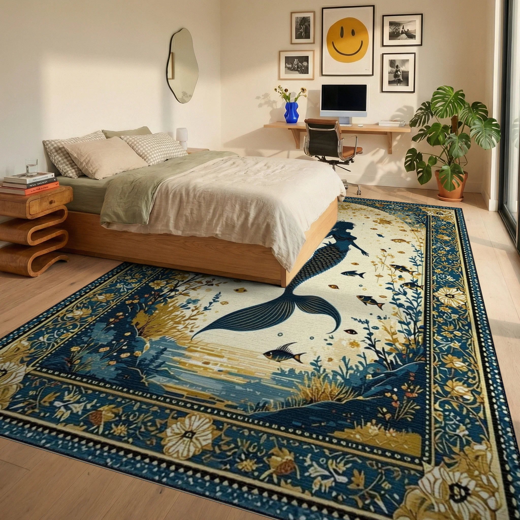 Navy Gold Ornate Mermaid Silhouette Rug - Bedroom View
