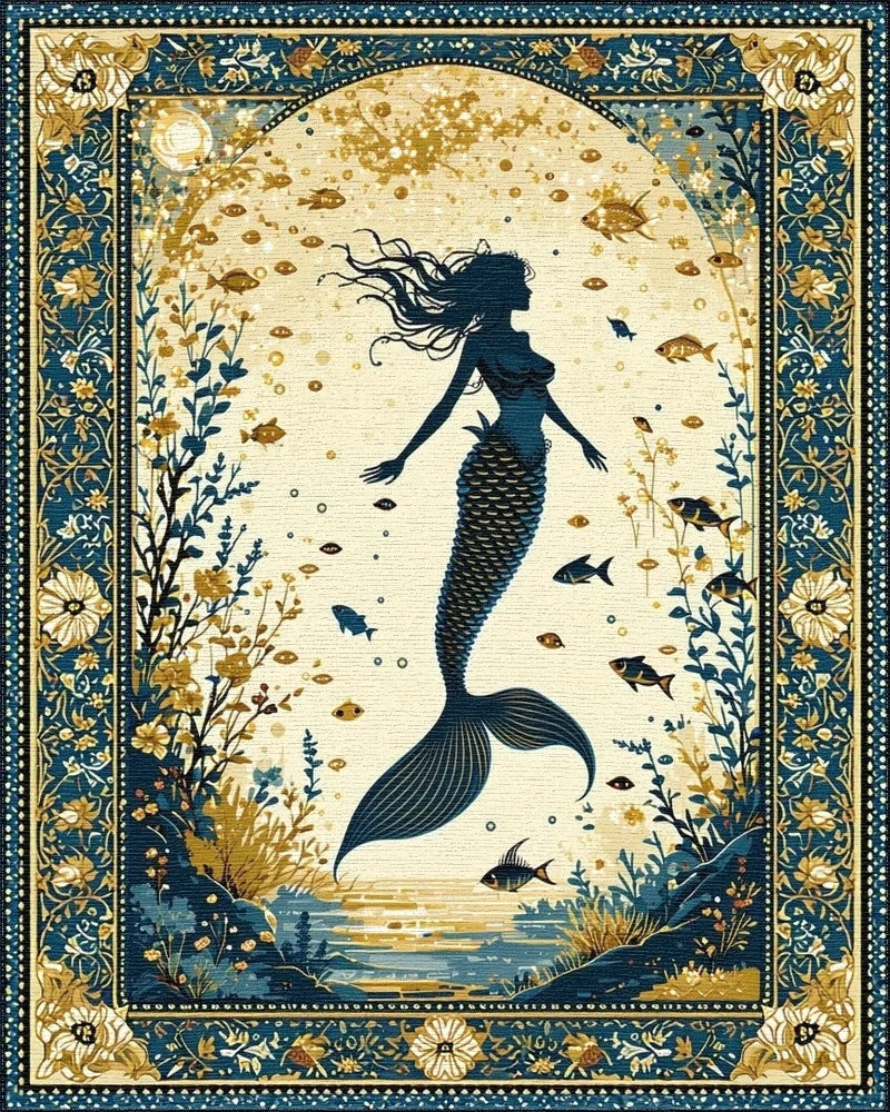 Navy Gold Ornate Mermaid Silhouette Rug - Cutout View