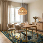 Navy Gold Ornate Mermaid Silhouette Rug - Dining Room View
