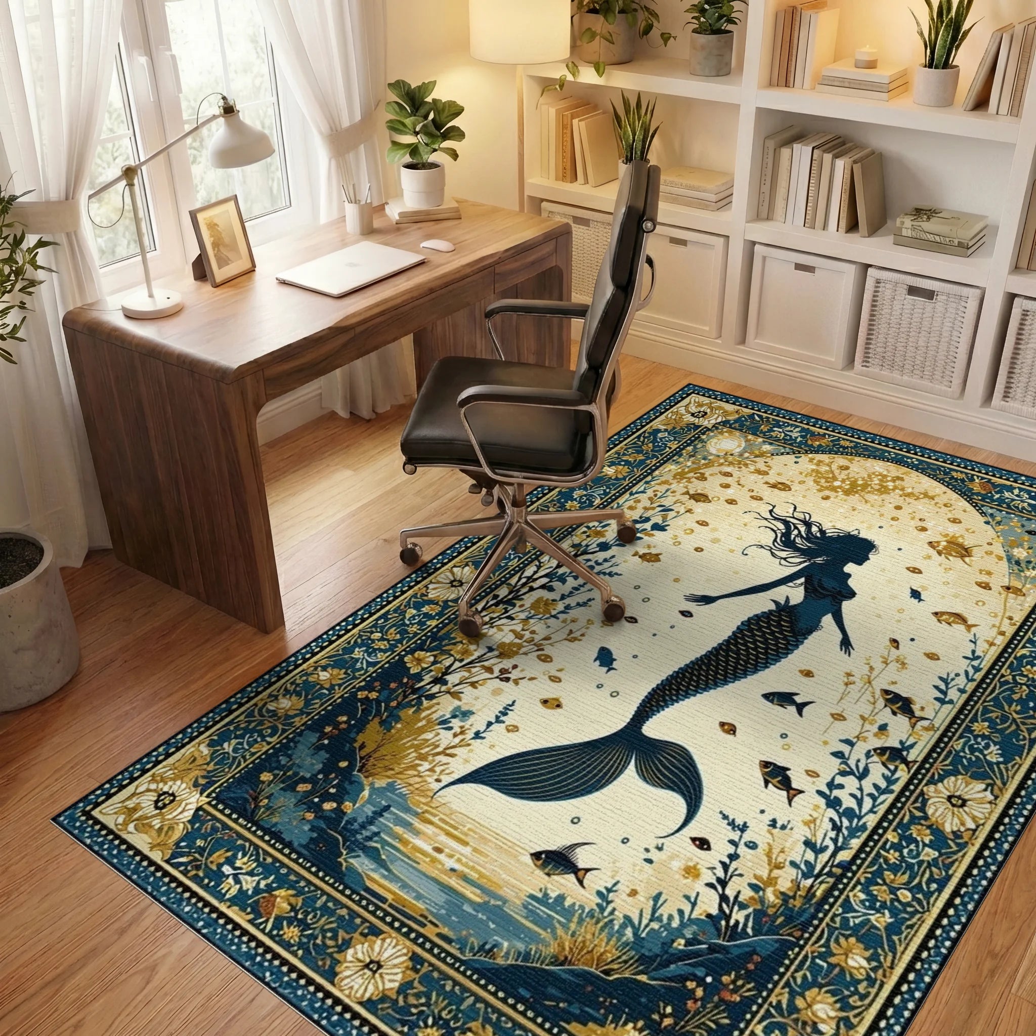 Navy Gold Ornate Mermaid Silhouette Rug - Office View