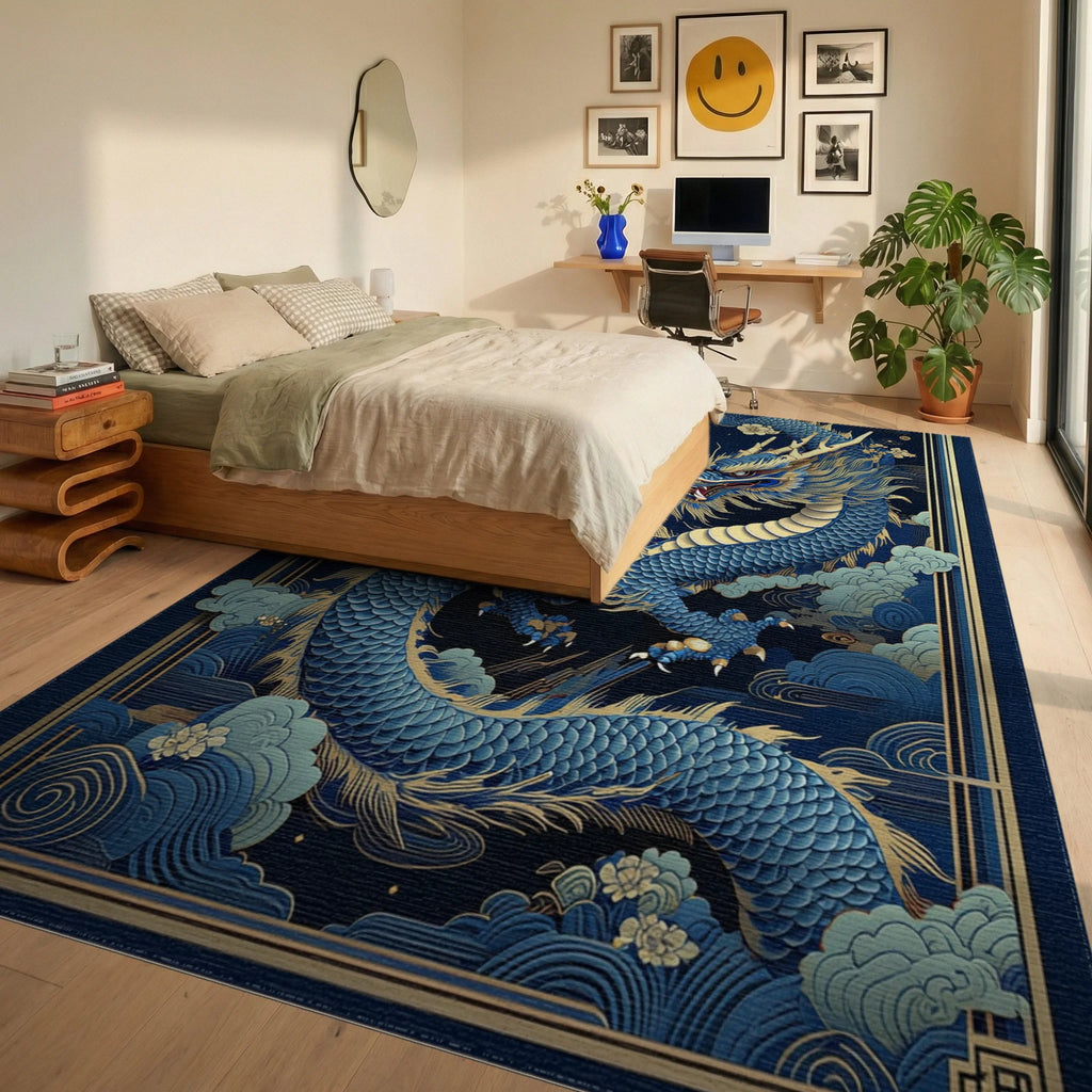 Navy Golden Dragon Clouds Rug - Bedroom View