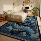 Navy Golden Dragon Clouds Rug - Bedroom View