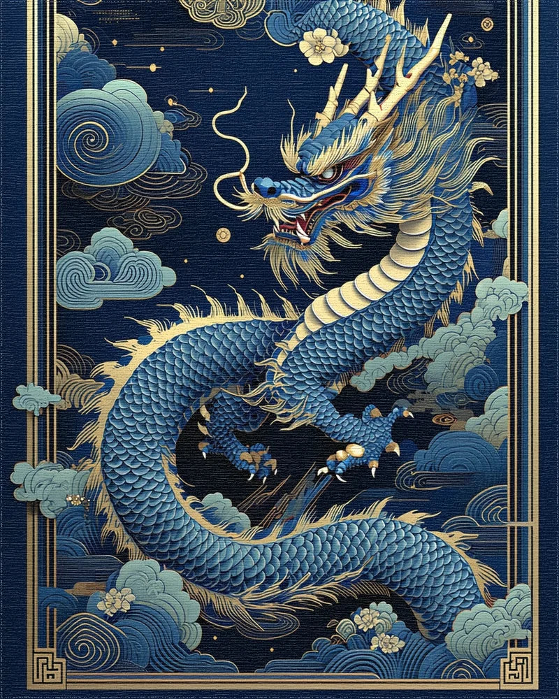 Navy Golden Dragon Clouds Rug - Cutout View