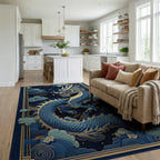 Navy Golden Dragon Clouds Rug - Living Room View