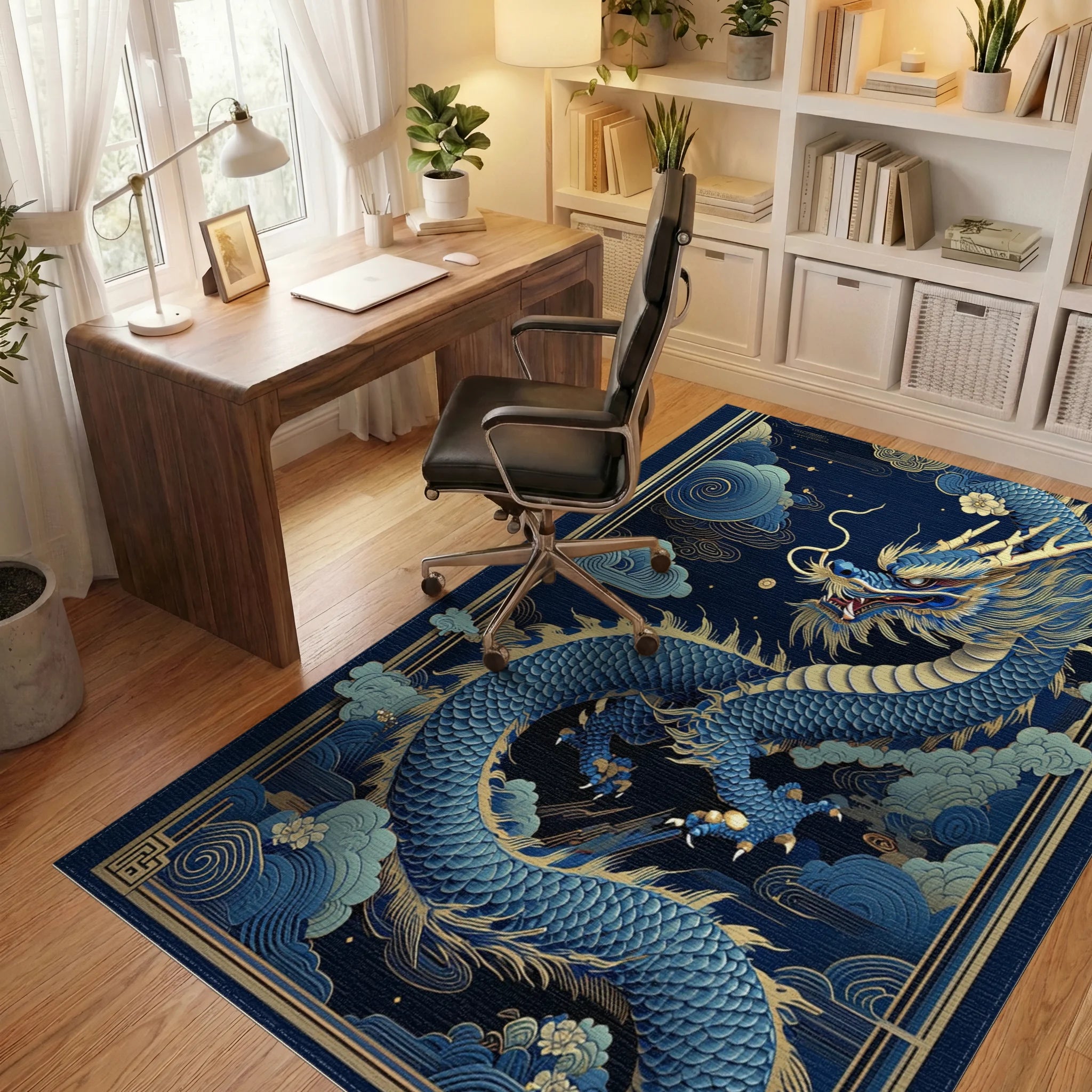 Navy Golden Dragon Clouds Rug - Office View