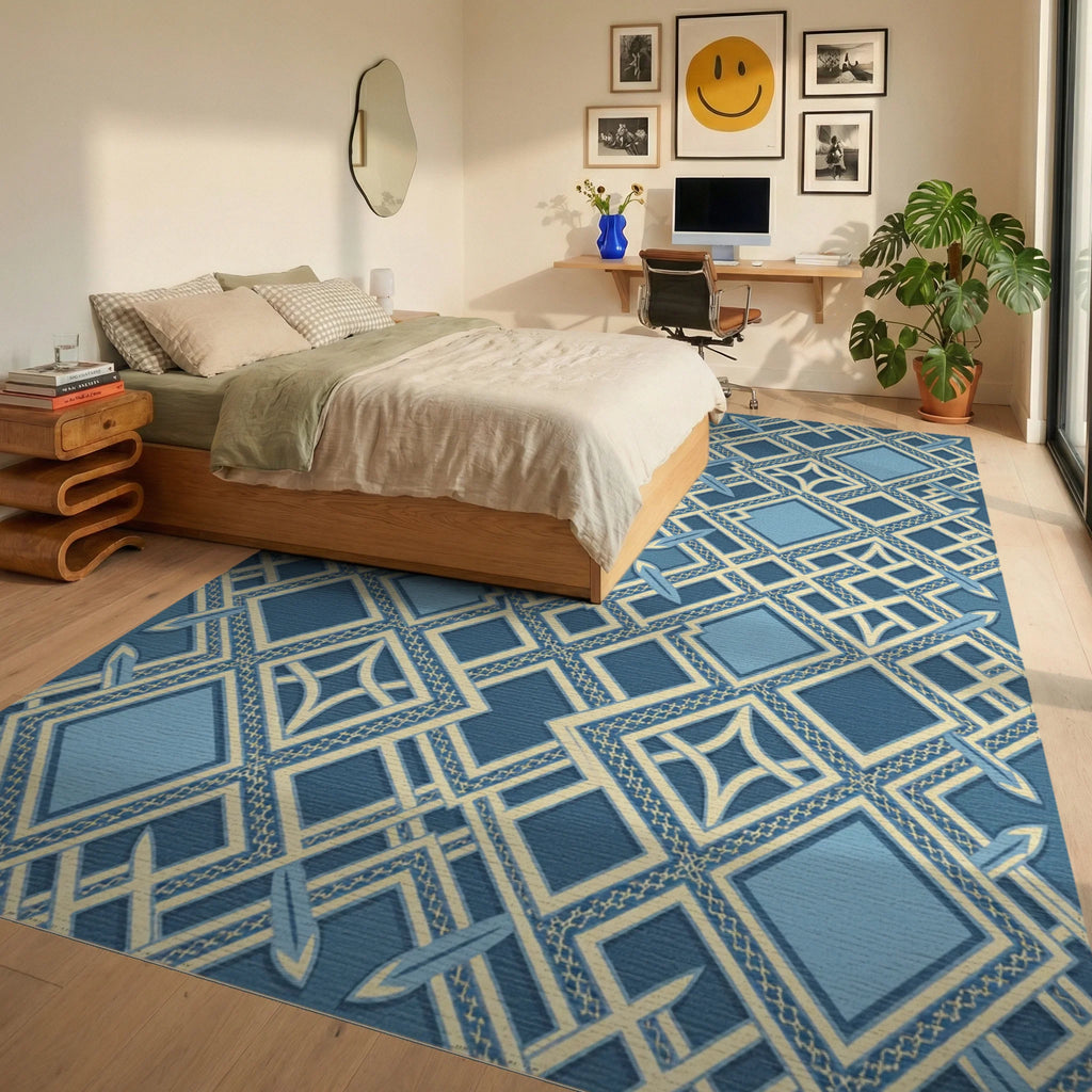 Navy Light Blue Geometric Lattice Rug Bedroom View