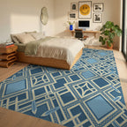Navy Light Blue Geometric Lattice Rug Bedroom View
