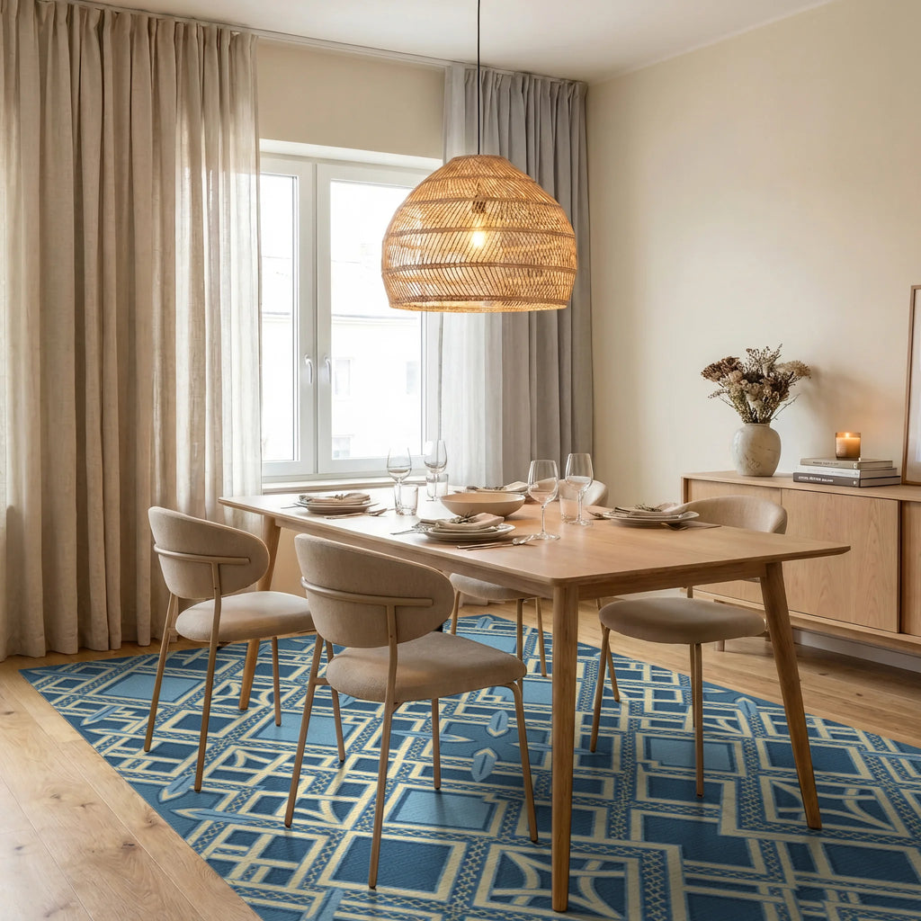 Navy Light Blue Geometric Lattice Rug Dining Room View