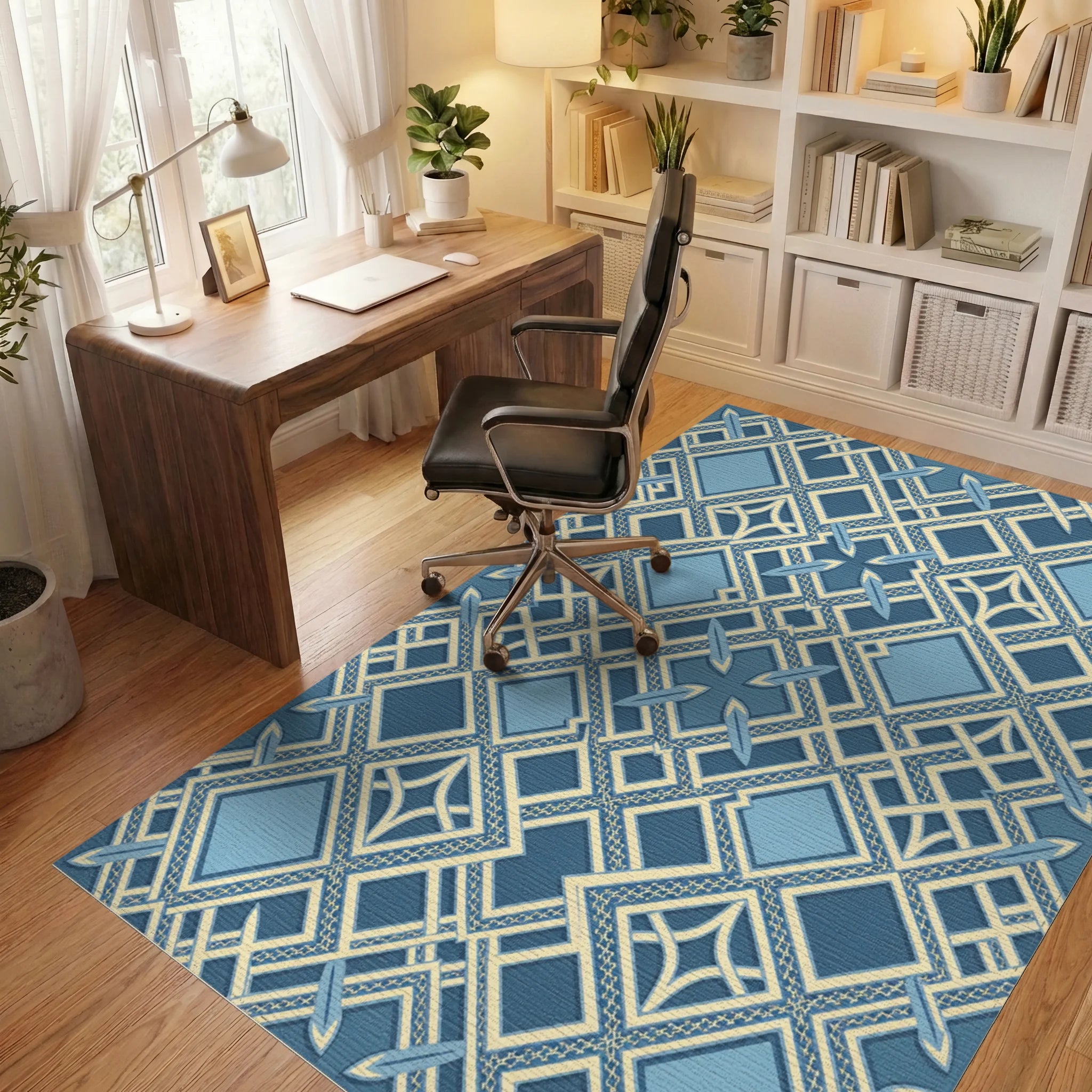 Navy Light Blue Geometric Lattice Rug Office View
