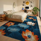 Navy Orange White Lotus Rug - Bedroom View