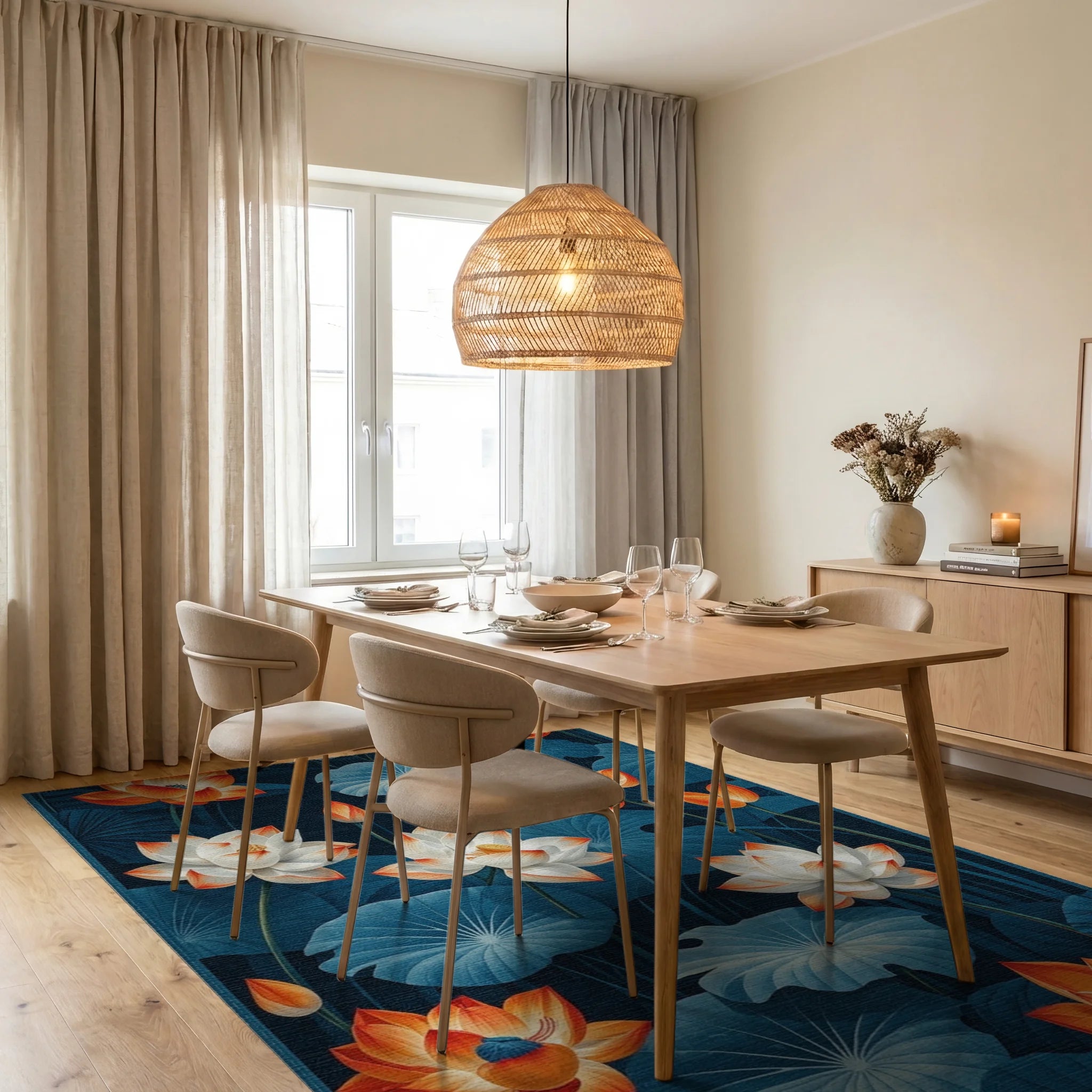 Navy Orange White Lotus Rug - Dining Room View