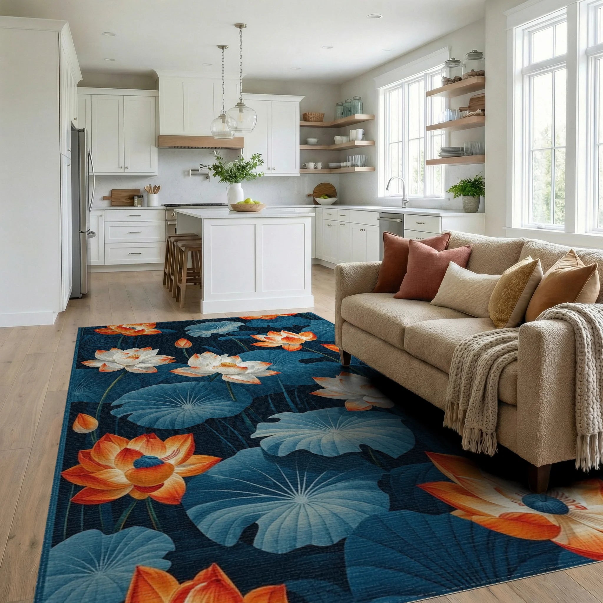 Navy Orange White Lotus Rug - Living Room View