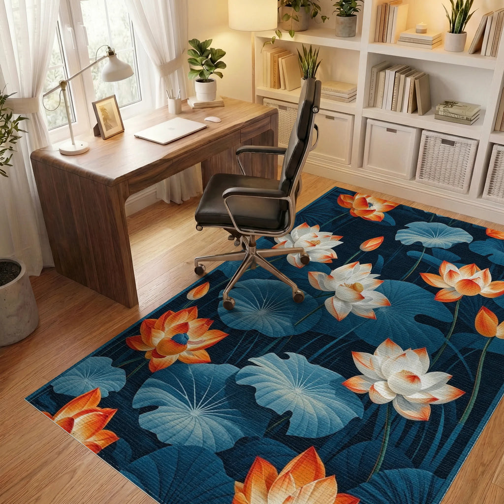 Navy Orange White Lotus Rug - Office View