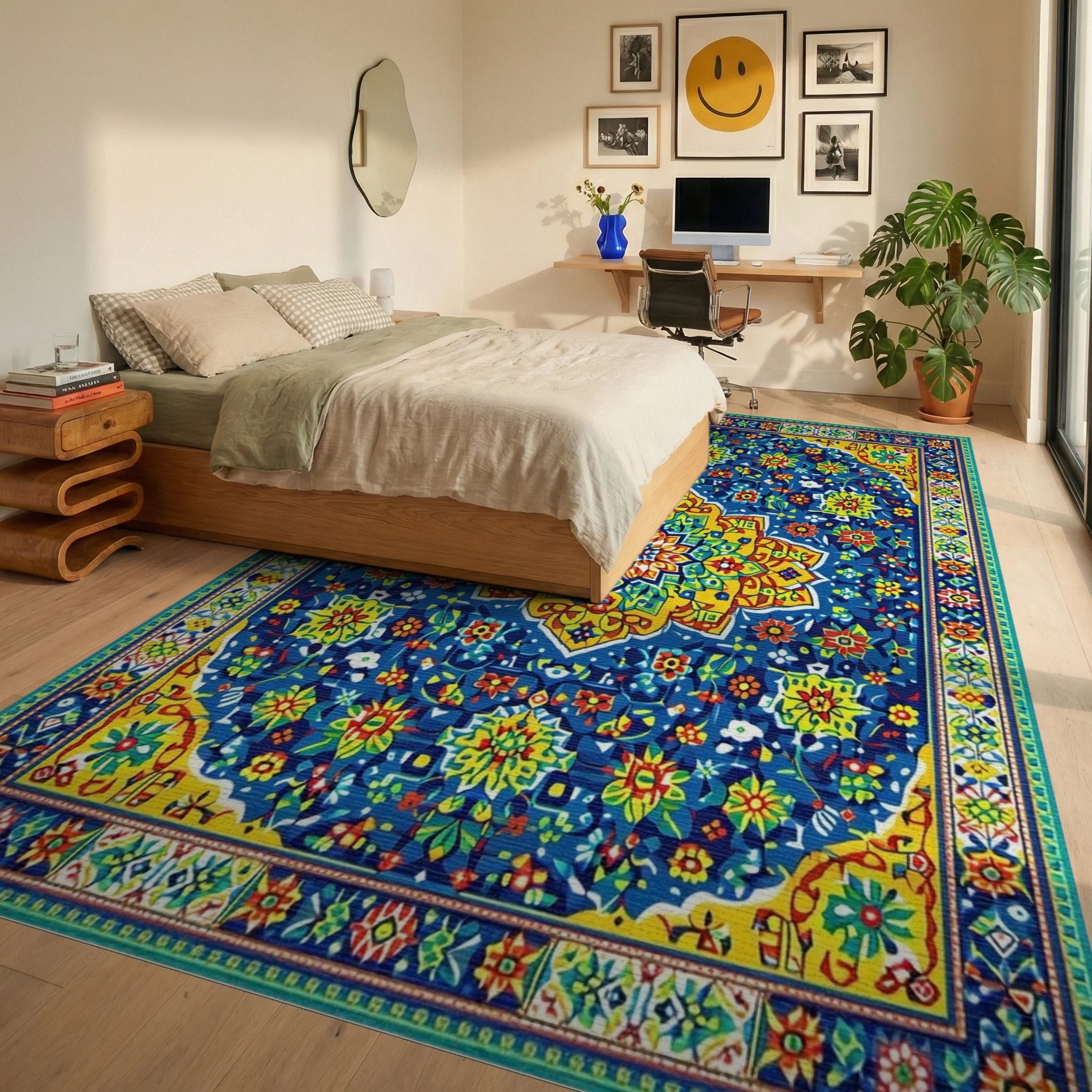 Navy Ornate Floral Medallion Rug - Bedroom View