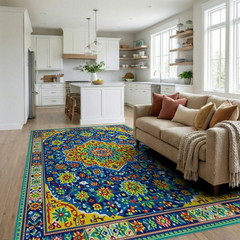 Navy Ornate Floral Medallion Rug - Living Room View