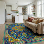 Navy Ornate Floral Medallion Rug - Living Room View