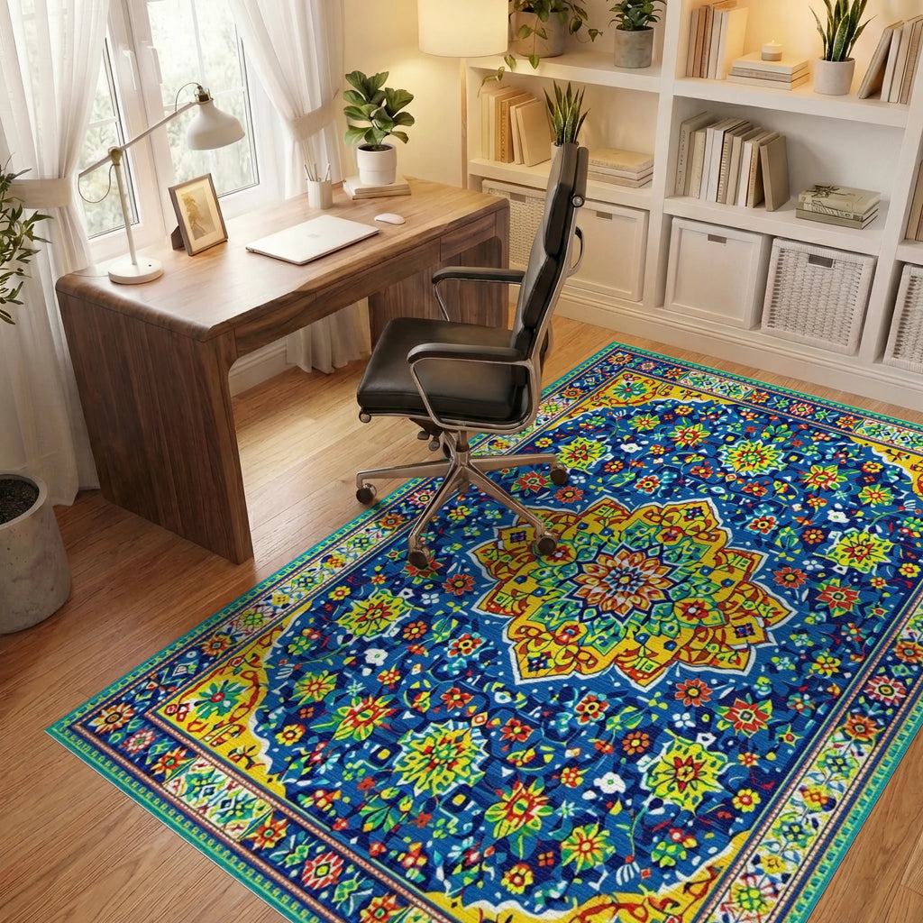 Navy Ornate Floral Medallion Rug - Office View