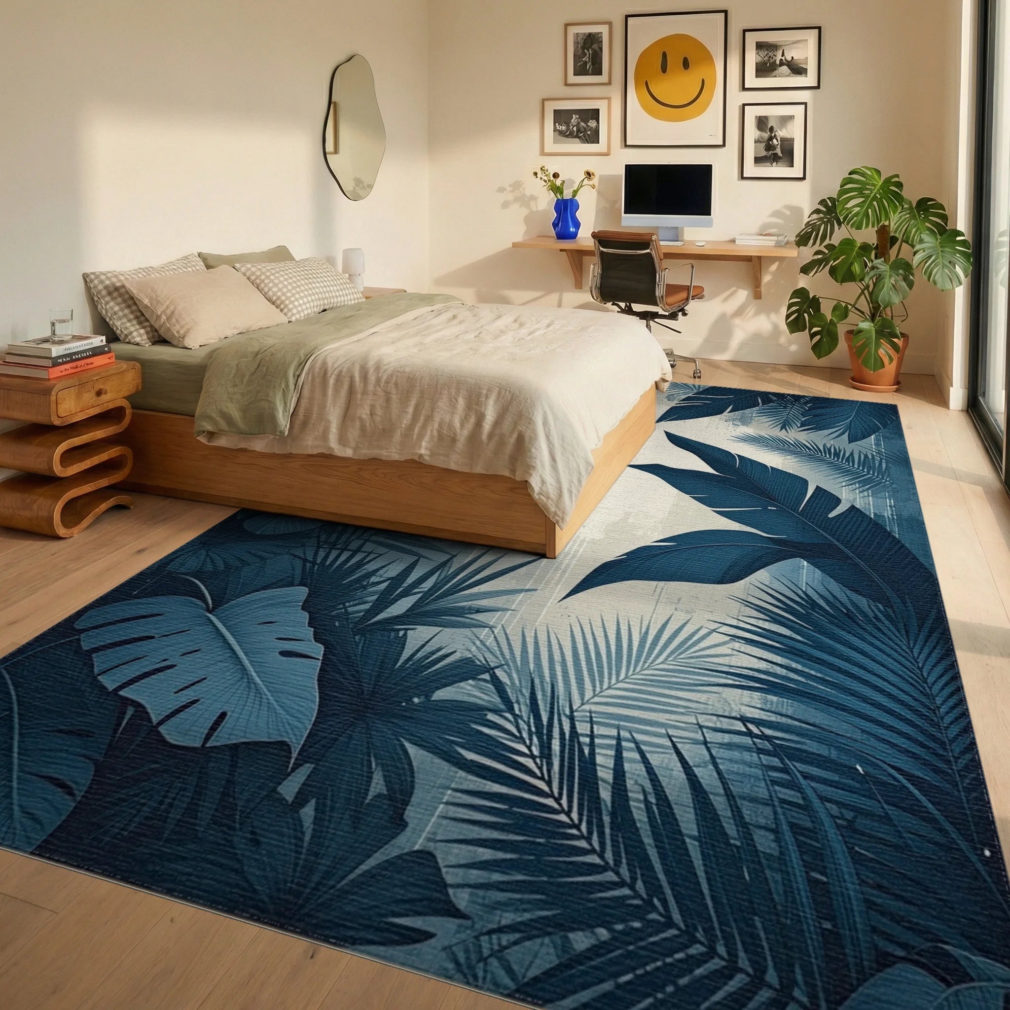Navy Palm Monstera Leaf Rug - Bedroom View