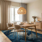 Navy Palm Monstera Leaf Rug - Dining Room View