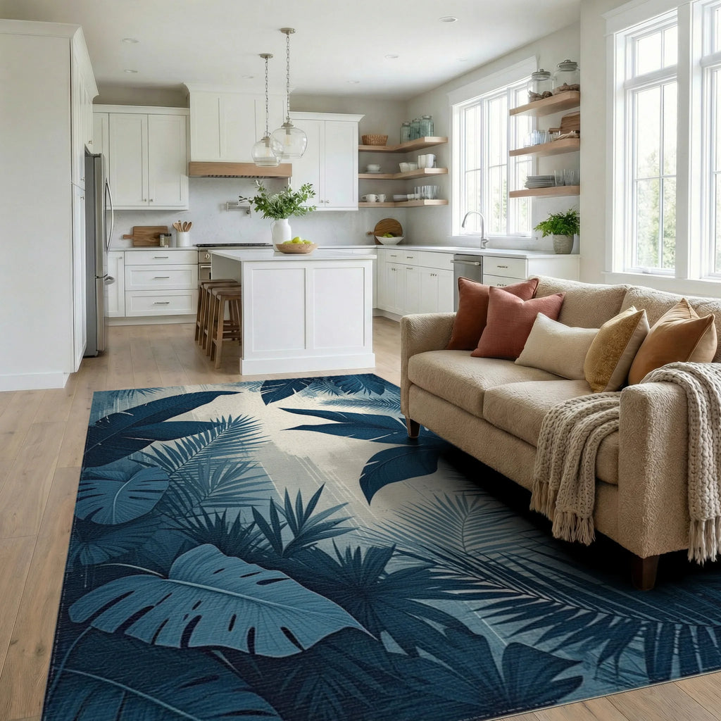 Navy Palm Monstera Leaf Rug - Living Room View