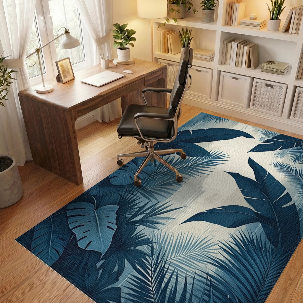 Navy Palm Monstera Leaf Rug - Office View