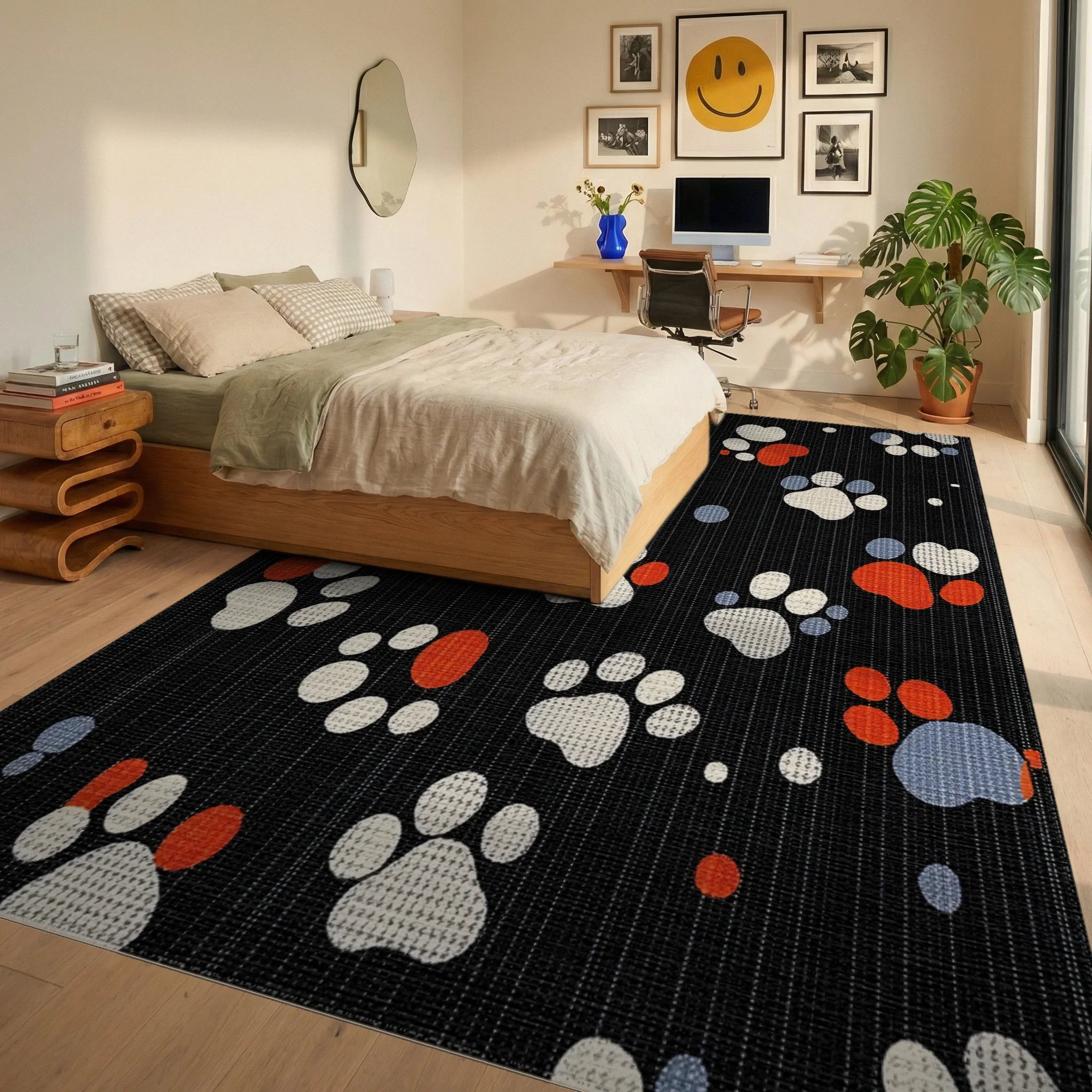 Navy Paw Print Stripes Rug - Bedroom View