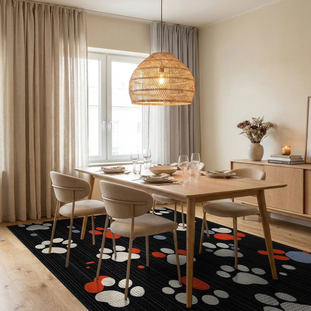 Navy Paw Print Stripes Rug - Dining Room View