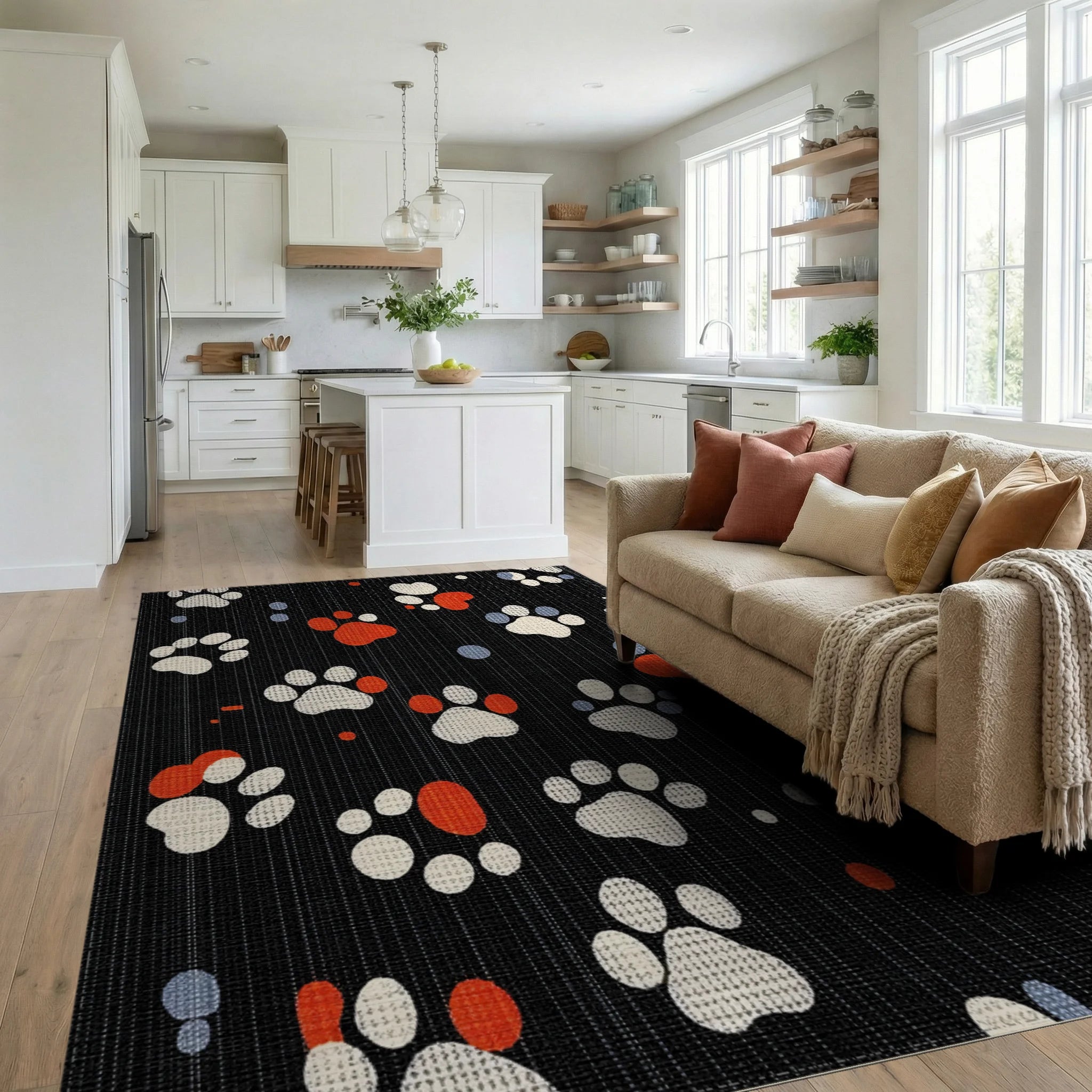 Navy Paw Print Stripes Rug - Living Room View