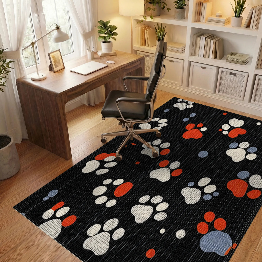 Navy Paw Print Stripes Rug - Office View