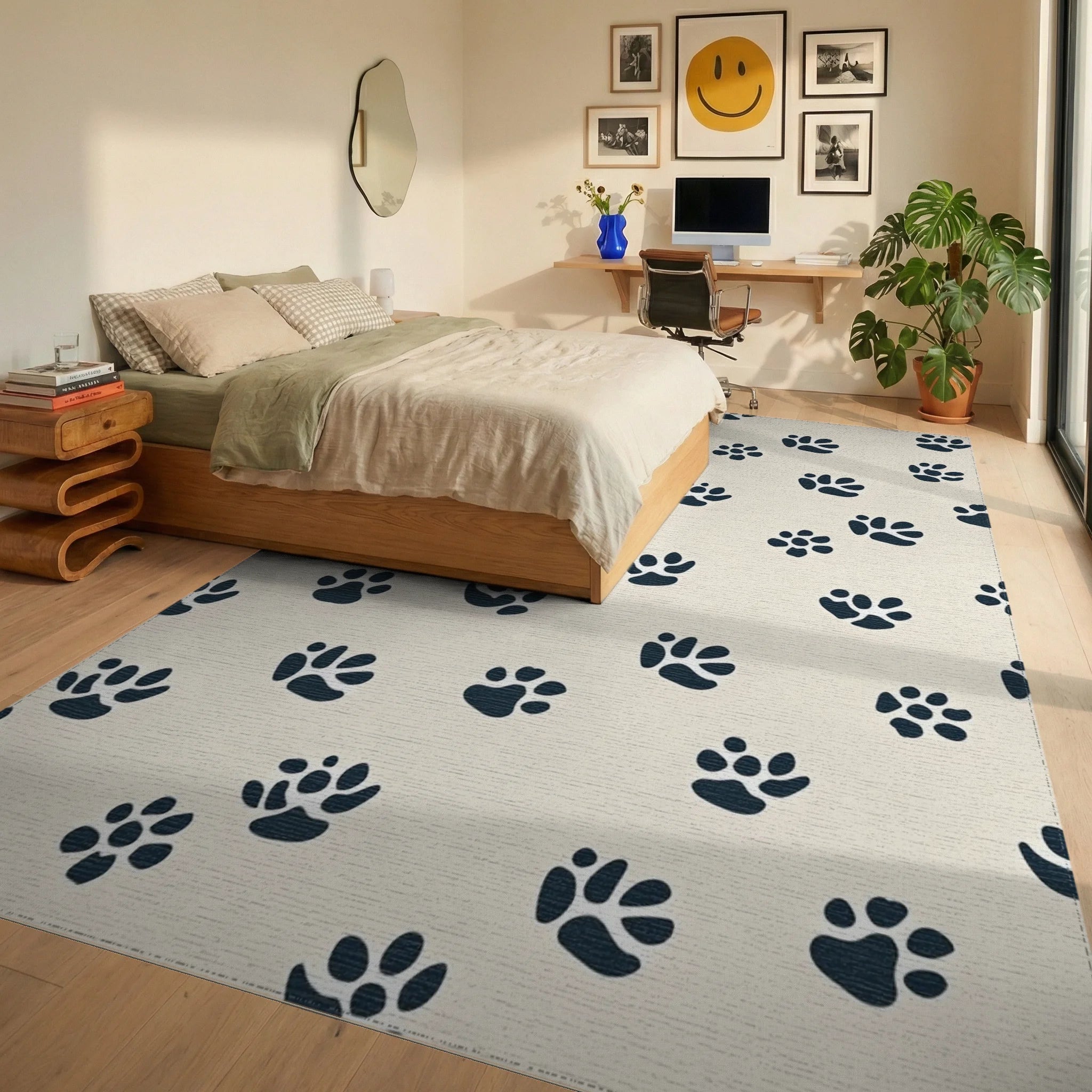 Navy Paw Prints Cream Background Rug - Bedroom View