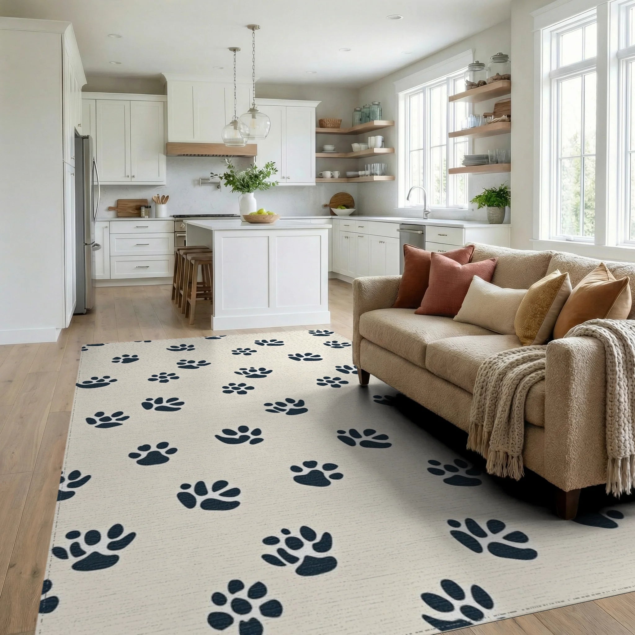 Navy Paw Prints Cream Background Rug - Living Room View