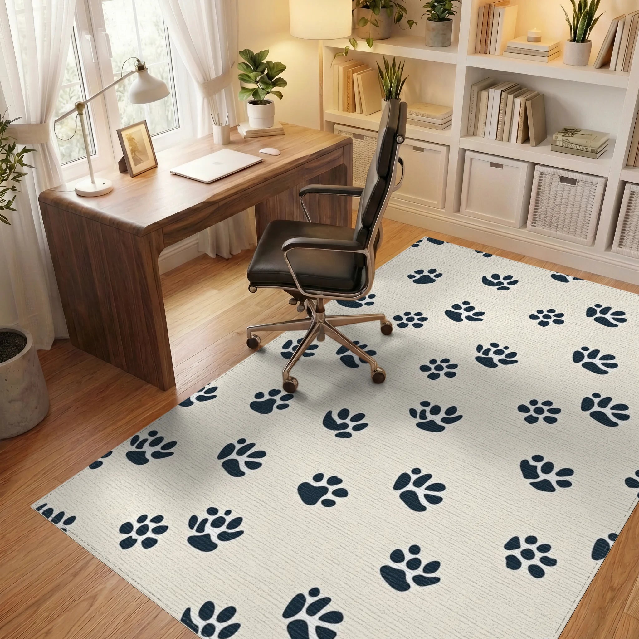 Navy Paw Prints Cream Background Rug - Office View