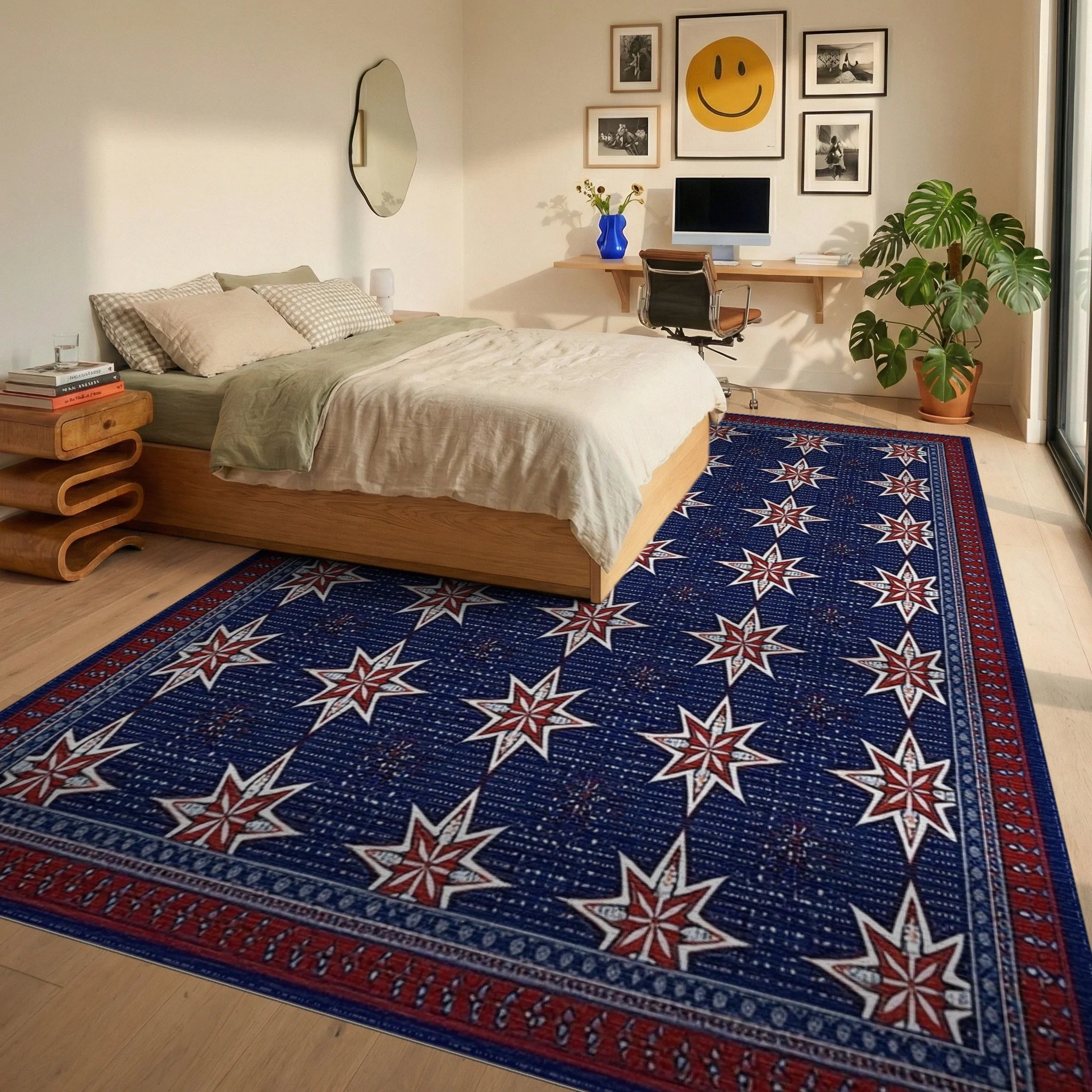 Navy Red Starburst Bordered Rug - Bedroom View
