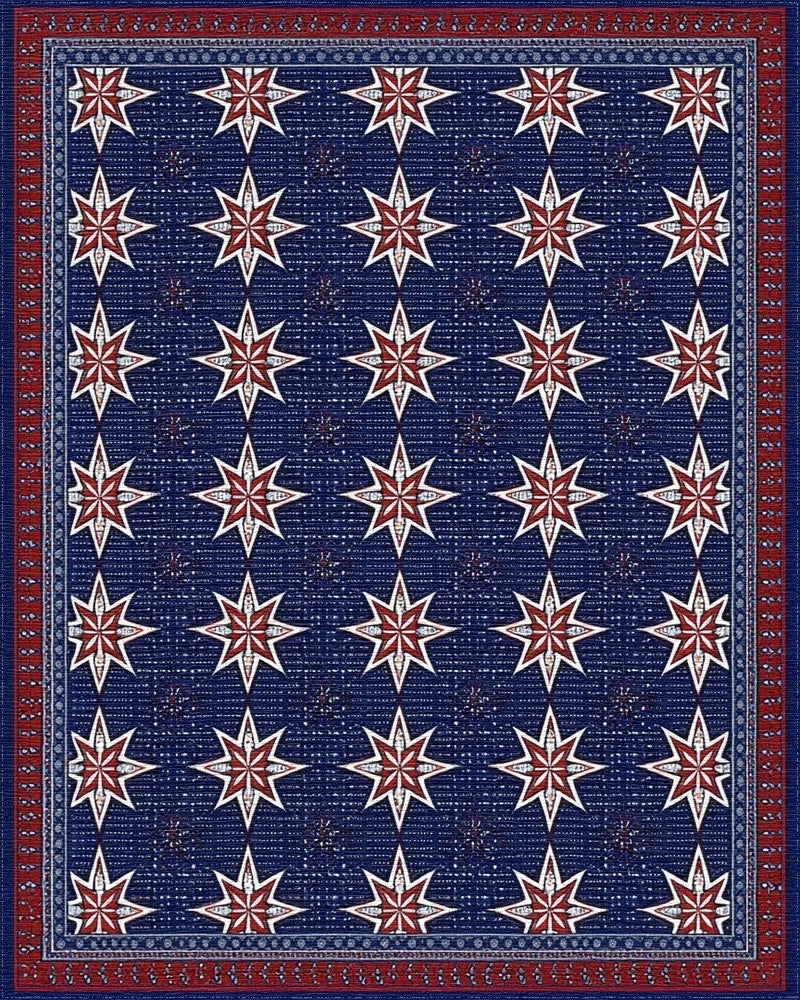 Navy Red Starburst Bordered Rug - Cutout View