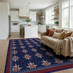 Navy Red Starburst Bordered Rug - Living Room View
