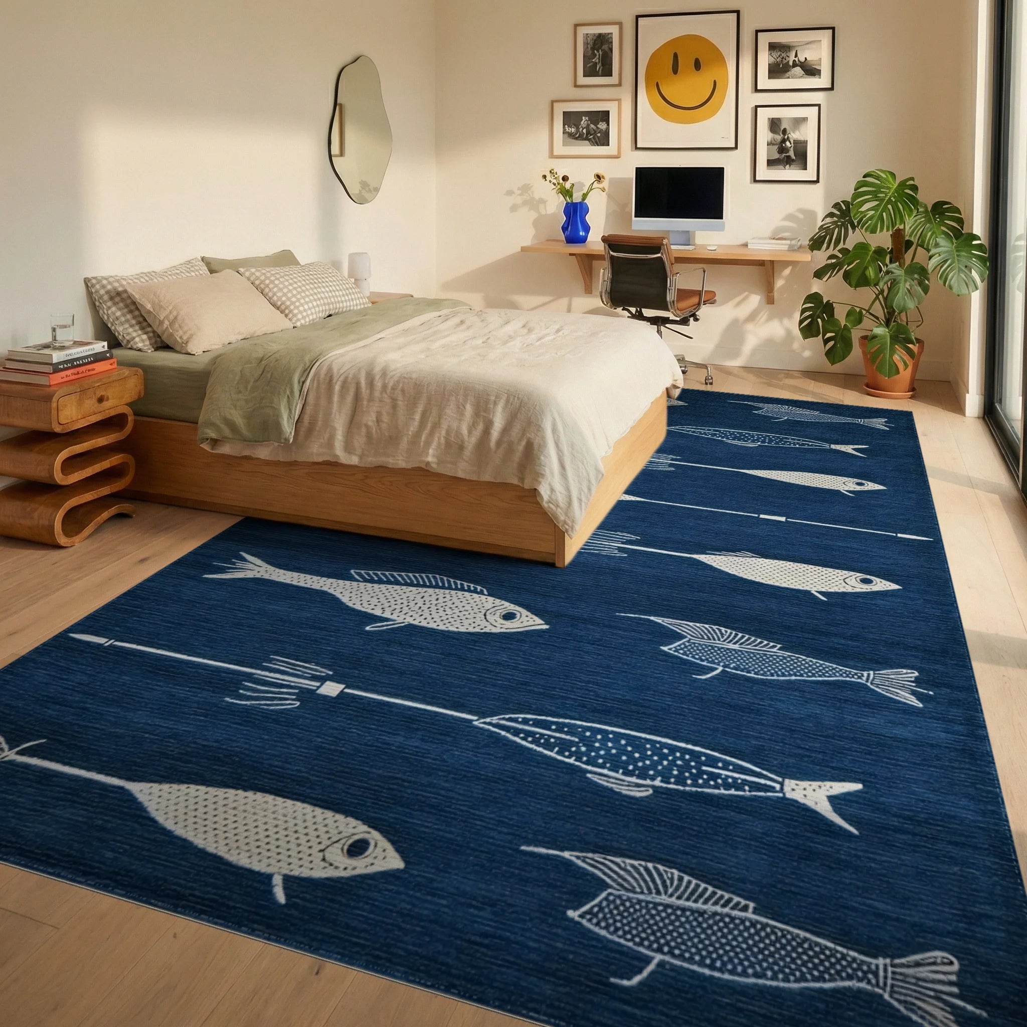 Navy Stylized Fish Spear Rug - Bedroom View