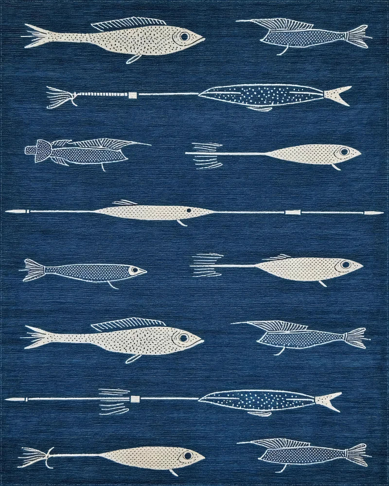 Navy Stylized Fish Spear Rug - Cutout View