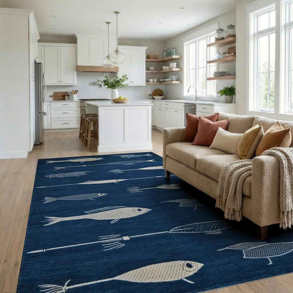 Navy Stylized Fish Spear Rug - Living Room View