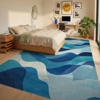 Navy Teal Fluid Waves Rug Bedroom View