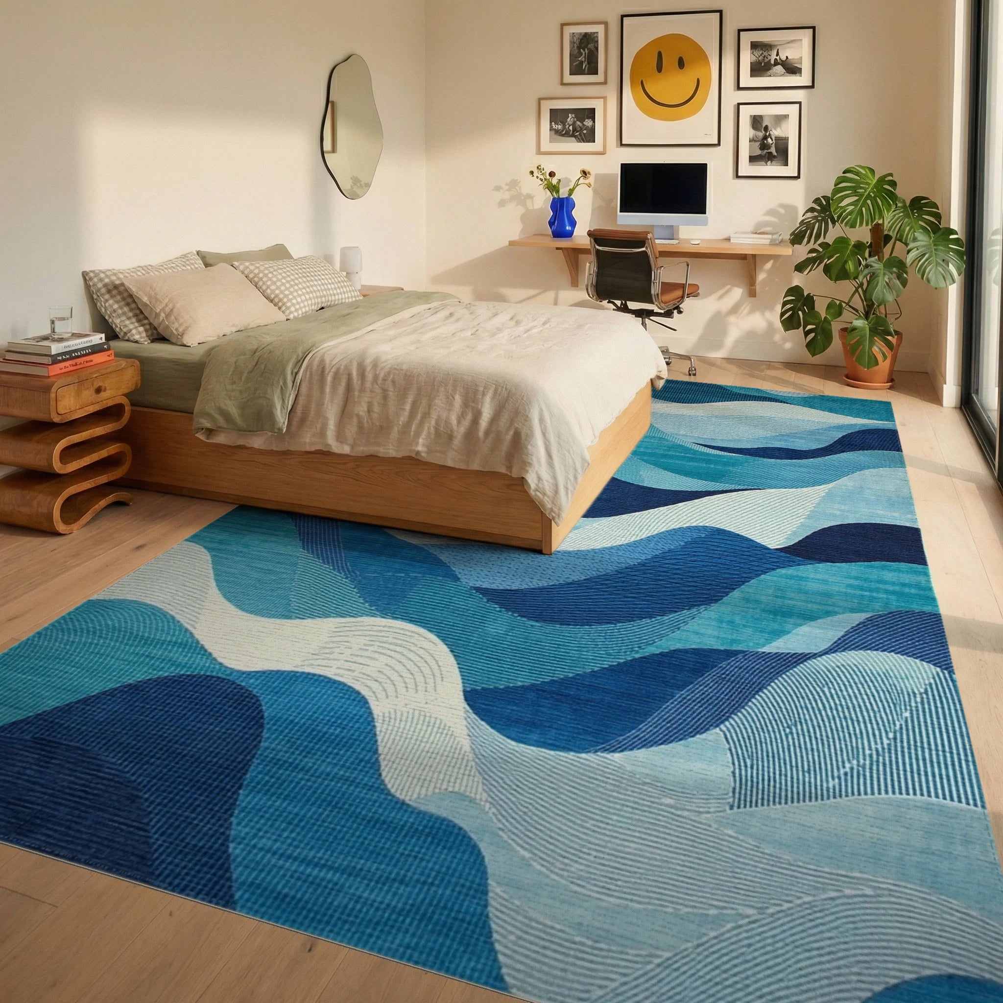 Navy Teal Fluid Waves Rug Bedroom View