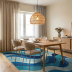 Navy Teal Fluid Waves Rug Dining Room View
