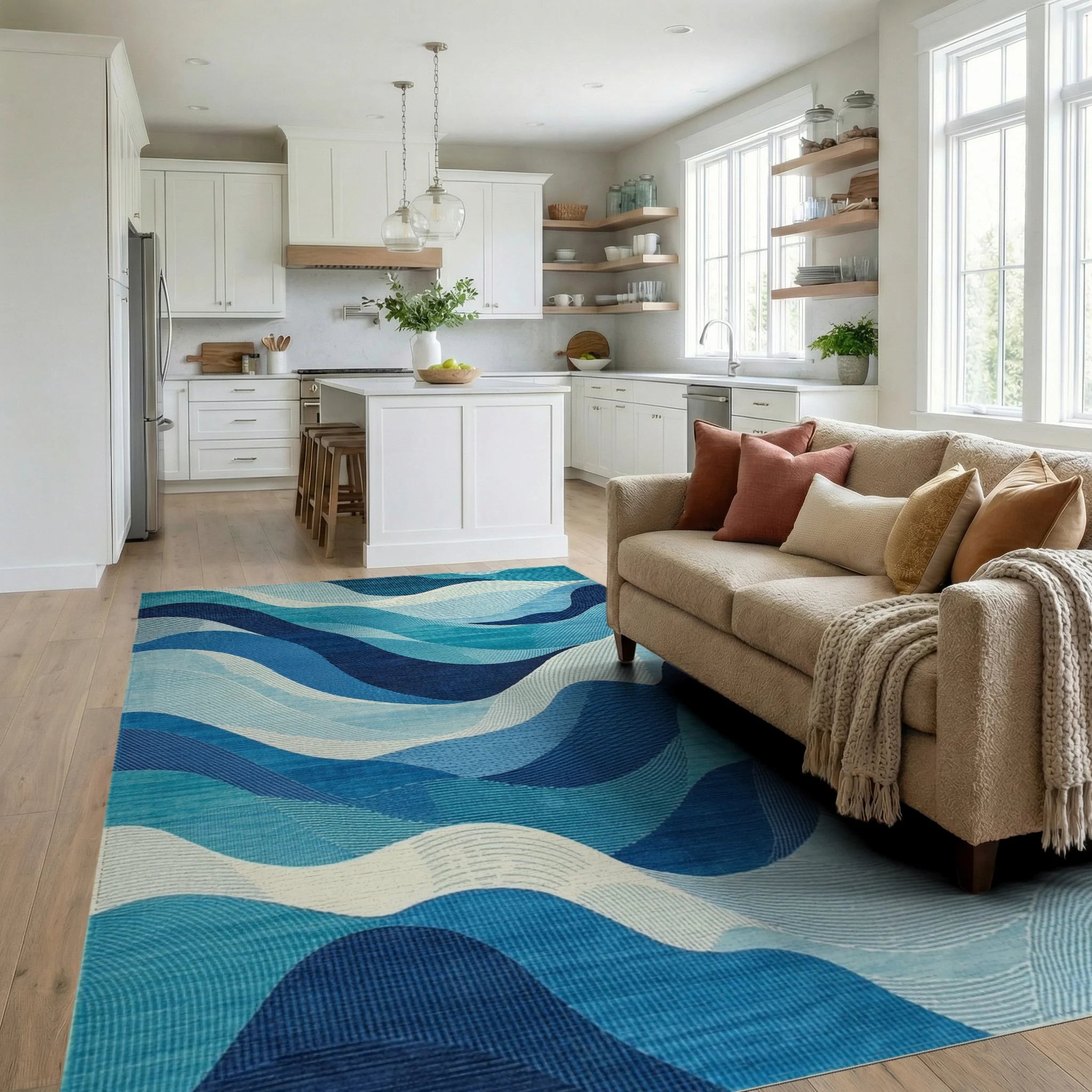 Navy Teal Fluid Waves Rug Living Room View