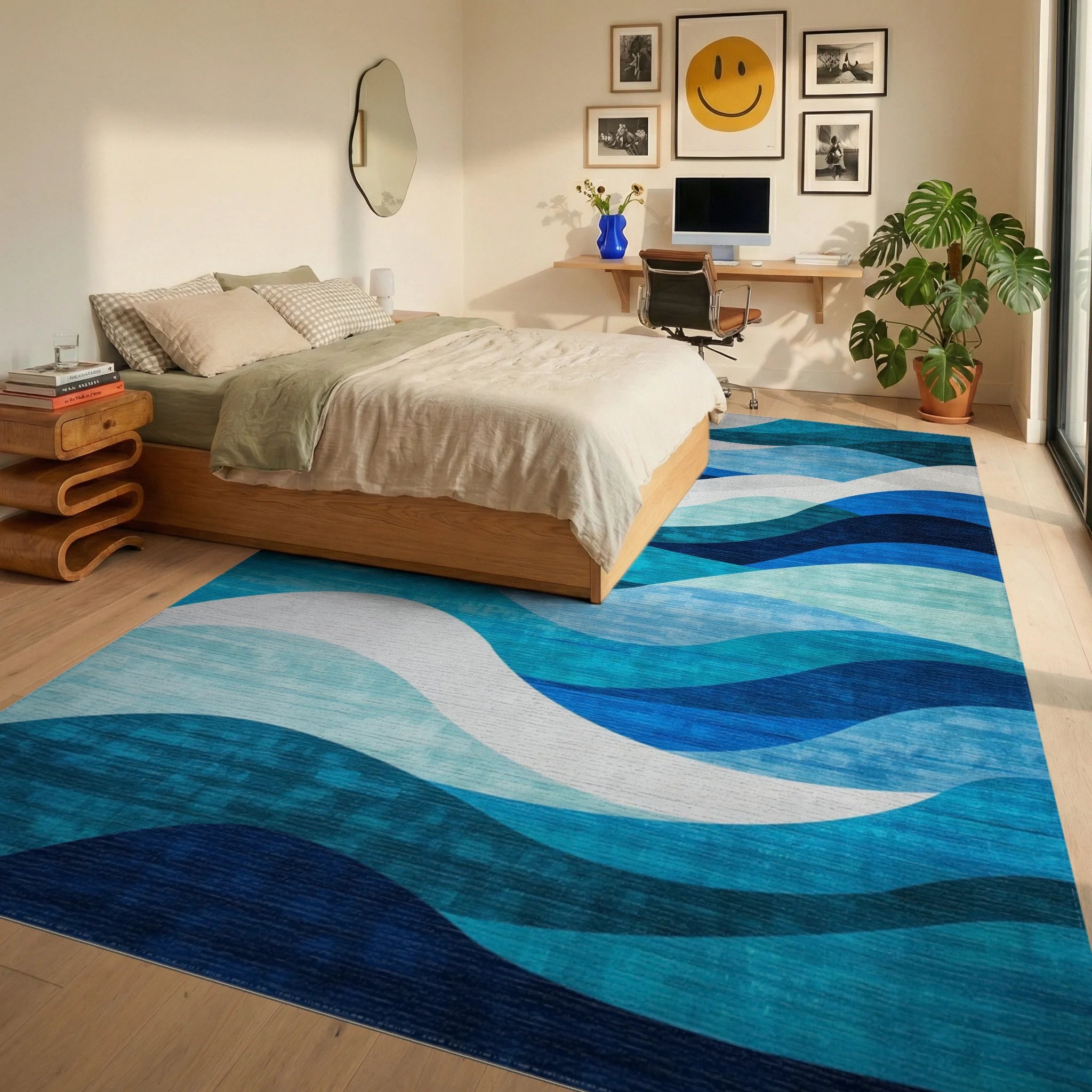 Navy Teal White Wavy Rug - Bedroom View