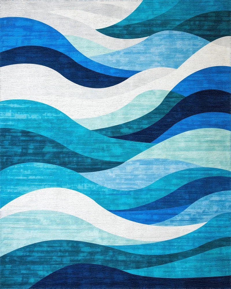 Navy Teal White Wavy Rug - Cutout View