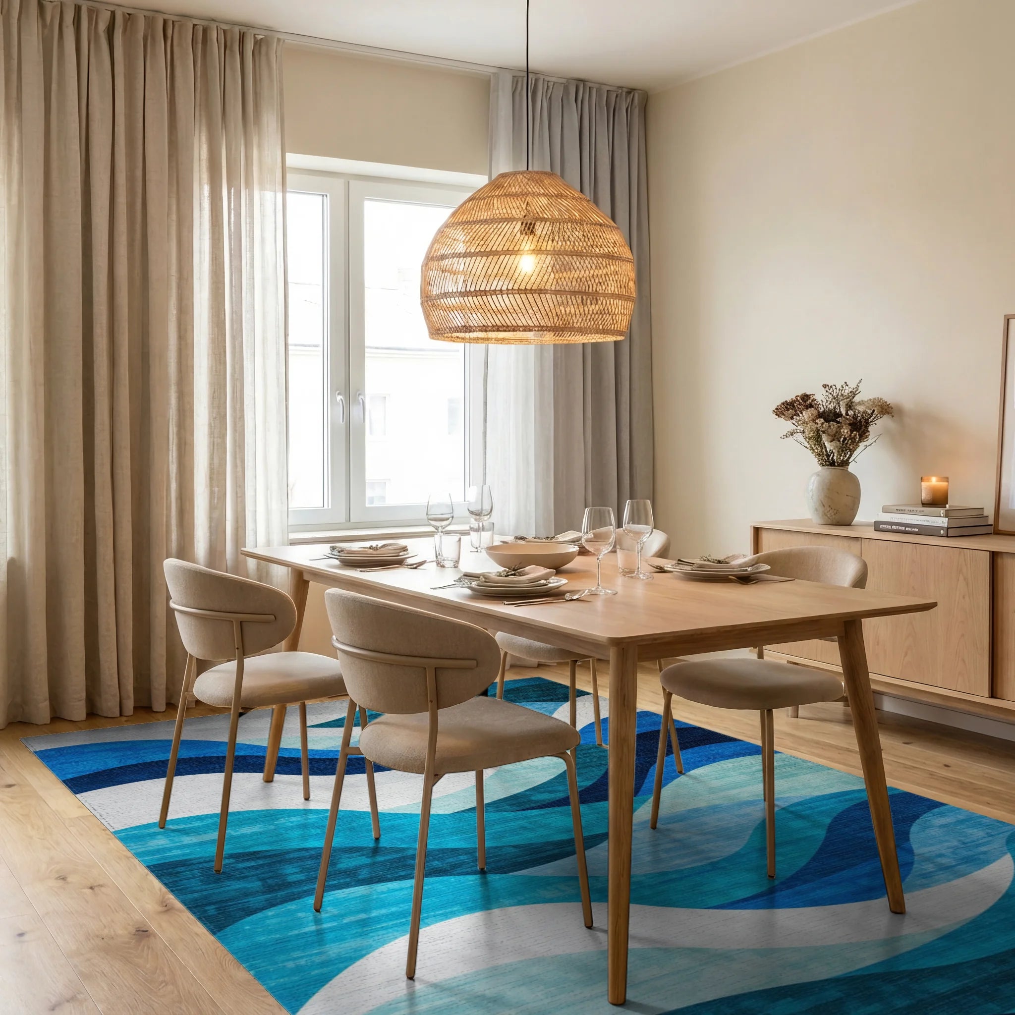 Navy Teal White Wavy Rug - Dining Room View