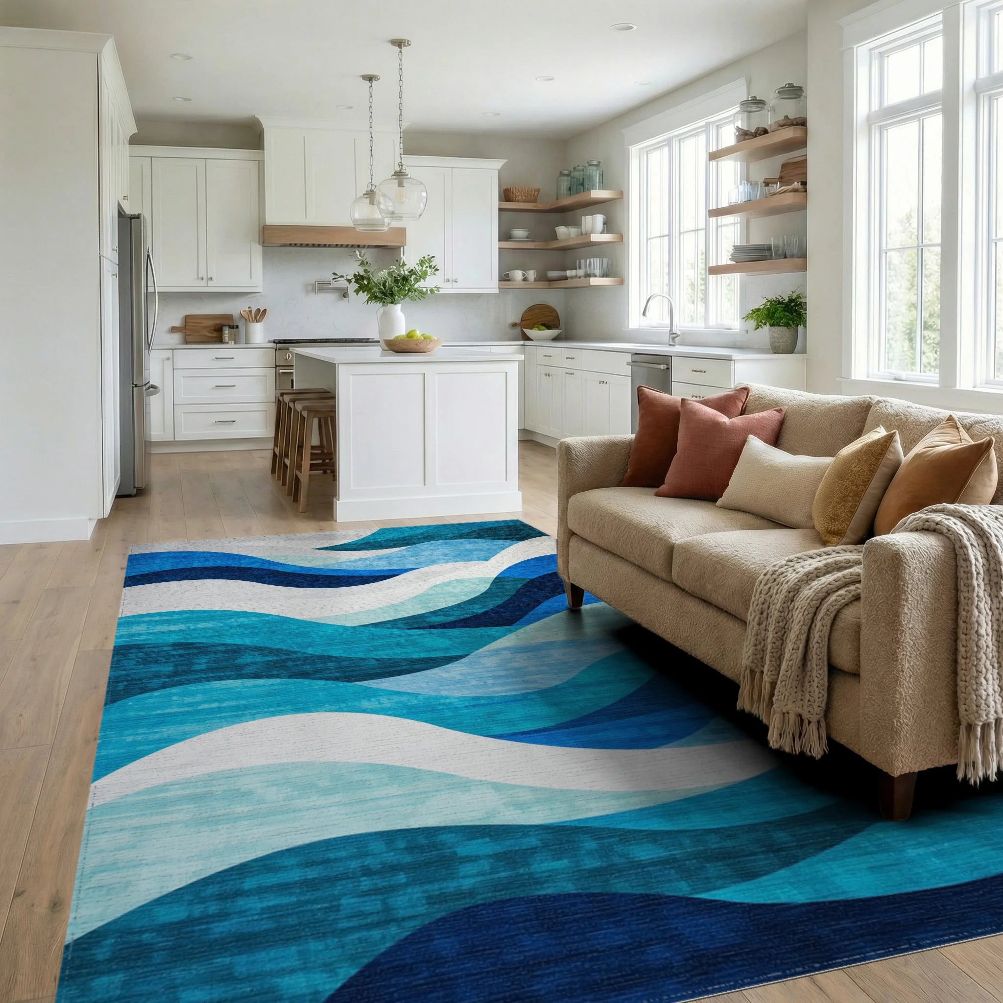 Navy Teal White Wavy Rug - Living Room View