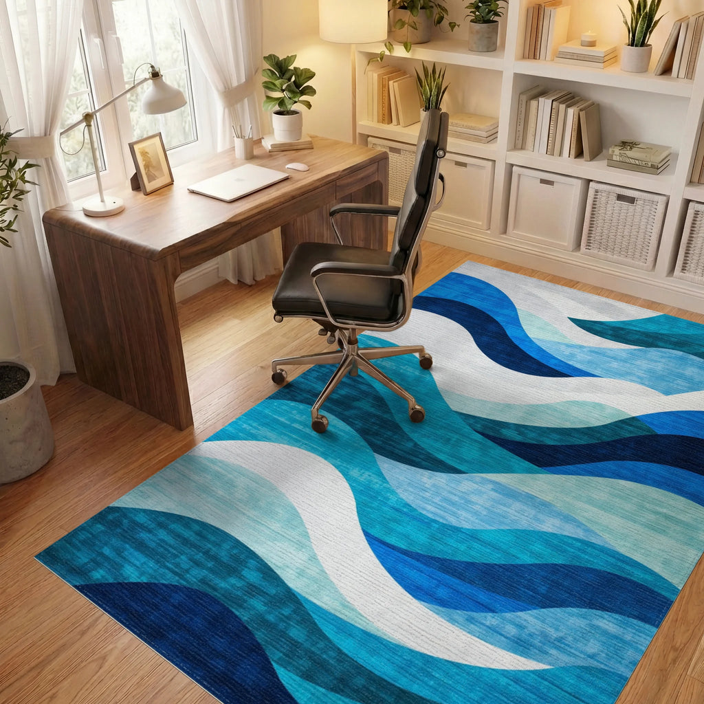Navy Teal White Wavy Rug - Office View