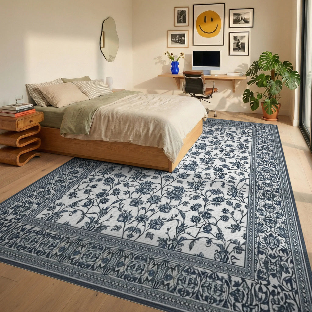 Navy White Floral Vine Rug - Bedroom View
